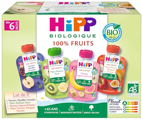 HiPP - 100% Fruits - 4 variétés dès 6 mois -Gourdes - 8x90g - Lot de 4