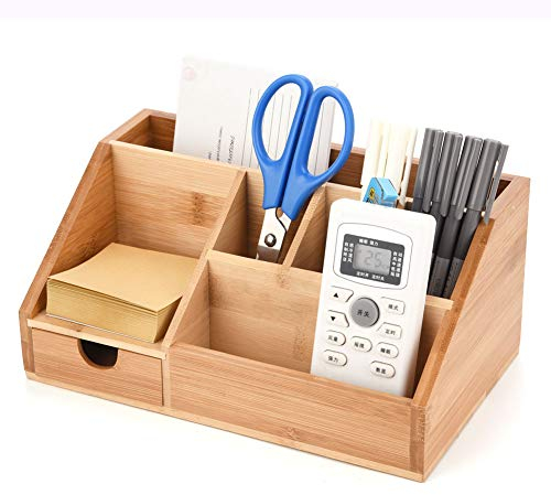 wandeli Organiseur multifonction en bambou | Caddy de bureau | Plateau pour accessoires de bureau à domicile | Support de fournitures artistiques scolaires | Compartiment pour stylos, crayons, brosses