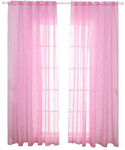 ECOSWAY Romantique Tulle Rideau Fenêtre Écran avec Sequin Étoile Décor pour Séjour - Rose, 1m*2m