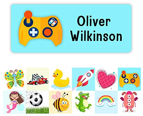 Pack of 42 Game Kids School Labels (55 x 22 mm) Self Adhesive Waterproof Personalised Name Stickers for Water Bottles Nursery Stickers Limited