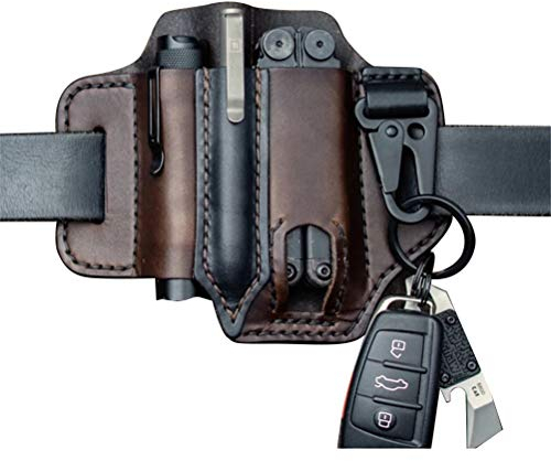 FBYED EDC-Tasche, Multitool-Lederscheide, Ledergürtelschlaufe, Taillen-Multitool-Hülle mit Schlüsselhalter, Holster-Tasche Stifte, Taschenlampen-Werkzeuge, Dunkelbraun, Leder