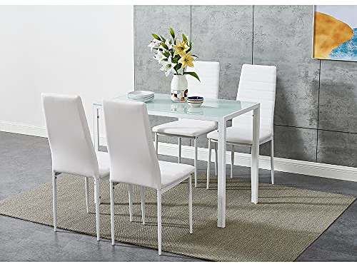 Panana Table de salle à manger moderne en verre avec 4 chaises en similicuir 105 cm (table blanche + 4 chaises)