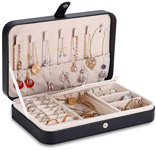 LANDICI Jewellery Box Small Jewellery Organiser for Women Girls, PU Leather Travel Jewellery Storage Case, Portable Jewellery Holder for Ring Earrings Necklace Bracelet, Jewellery Gift Box,Black