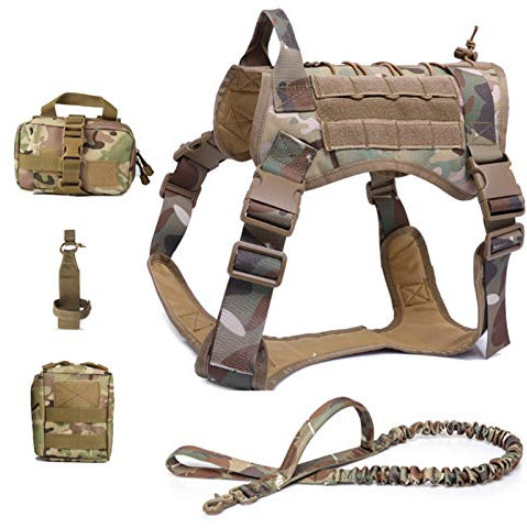 PJDDP Taktische Hundeweste Verstellbar Hundegeschirr Und Bungee-Hundeleine,Service Hunde Brustgeschirre,Bequem Verstellbar Outdoor Training Service Geschirr Mit 3 Abnehmbaren Taschen,Cp,M