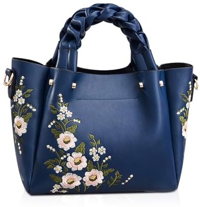 NICOLE & DORIS Elegant Handtasche Damen Shopper Tote PU-Leder Henkeltasche Frauen Schultertasche Bestickte Umhängetasche für Arbeit Schule Shoppin Navy blau