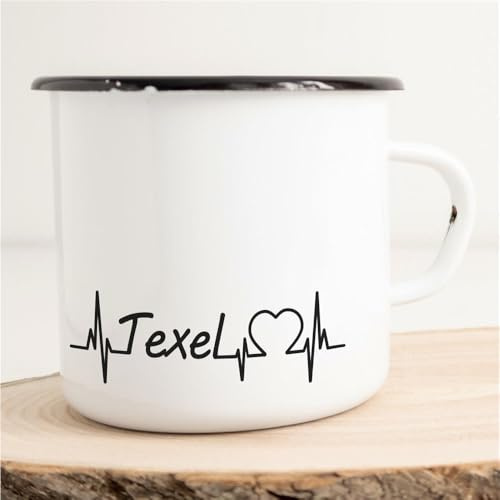Huuraa Emaille Tasse Texel Herzschlag Puls 300ml | Geschenk Kaffeebecher Vintage Blech Campingtasse mit Schwarzem Rand Kaffeetasse Geschenkidee