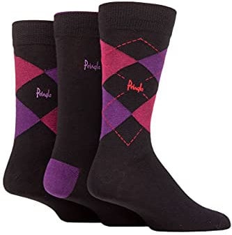 Pringle Mens Bamboo Cotton Blend Argyle Socks Pack of 3 Black/Pink/Purple 7-11