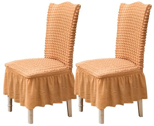 Qubjus Stuhlhussen für Esszimmer Satz von 2 Stretch Stuhl Slipcover mit Rock abnehmbar waschbar Küche Stuhl Protector Cover Set für Haus, Party, Hochzeit(Orange, 2Stück)