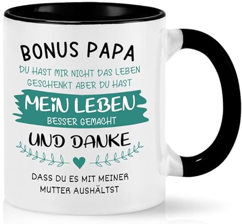 Joymaking Tasse mit Spruch - Bonus Papa - Kaffeetasse lustig Vatertagsgeschenk/Geschenkidee Geburtstag für Papa/Stiefvater Geschenk, Spülmaschinenfest Tasse, 11oz Schwarz