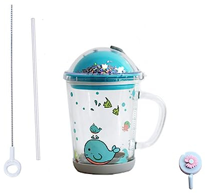 Xfeyaqlo Taza de Leche con Pajita, Reutilizable Tazas para Medición, con tapa, funda inferior antideslizante y pajita de silicona, para té de jugo de leche, para microondas, 400 ml (Pez Azul)