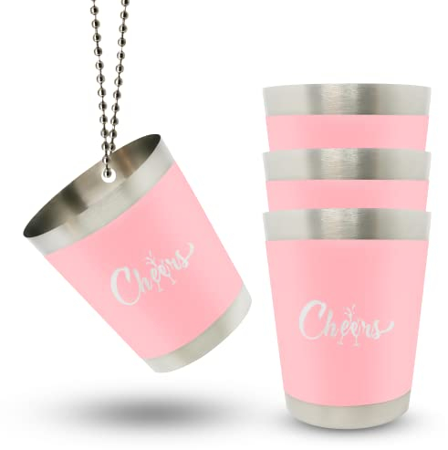 Cheers 4 STK Schnapsgläser Edelstahl Pink Schnapsglas Kette 4 cl für Partys Junggesellinnenenabschied Frauen Team Braut Party Deko JGA Pride Parade Shotgläser Metall Becher zum Umhängen (40 ml, Pink)