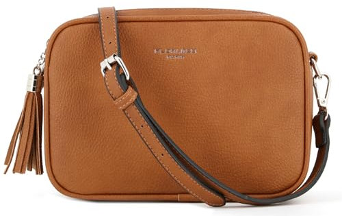 flora & co - Sac Caméra Bandoulière Femme Double Zip Frange - Sacoche Porté Epaule Croisé Forme Rectangle - Besace Ville Fourre-Tout Similicuir Grainé - Tendance Mode - Camel
