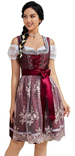 Clearlove Dirndl Damen midi 3tlg.Trachtenkleid für Oktoberfest,Karneval,DREI Teilig: Kleid, Bluse, Schürze（Verpackung MEHRWEG）,Rot,40