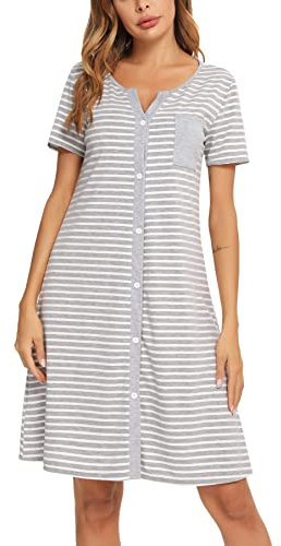 Marvmys Chemises De Nuit Femme Coton Manches Courtes Rayure Robe De Nuit Bouton Ouvert Devant Cardigan Femme Vêtement d'Intérieur Gris XL