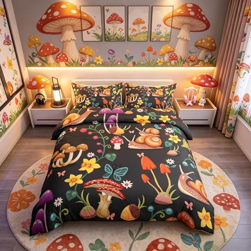 Snail Duvet Cover Animals Theme Comforter Cover Set with Zipper Ties Mushroom Rose Flower Brown Ultra Softest Garden Bedding Set for Teens Exotic Style Super King Bedspread 3Pcs Bedding Set