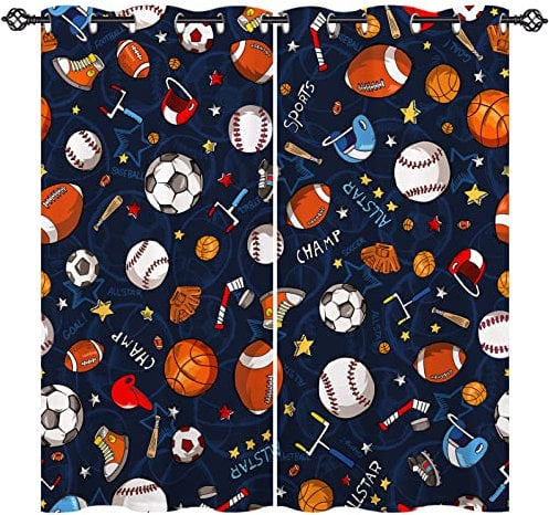 ANHOPE Sports Curtains Eyelet Thermal Insulated 80% Blackout Curtains with Basketball Soccer Football Print Pattern Room Darkening Window Drapes for Kids Bedroom Living Room 66 x 54 Inch Drop 2 Panels