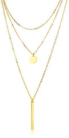ANAZOZ Mehrschichtige Halskette Gold, Layered Kette Edelstahl mit Rund und Langer Anhänger Halskette Damen 3 Reihig Verstellbar