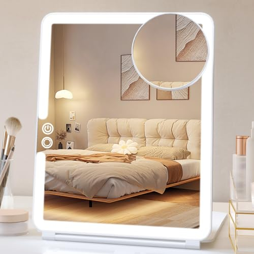FUNTOUCH Portable Lighted Travel Mirror with 10X Magnifying, 3 Colors Light Modes, Touch Screen Dimming Folding Light Up Mirror for Travel, Cosmetic (White)
