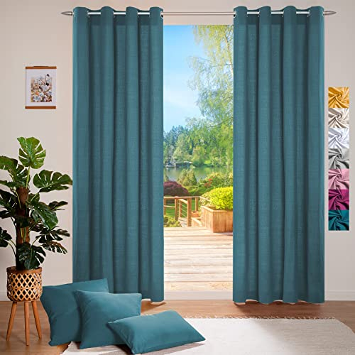 heimtexland ® Deko Vorhang Baumwolle Dekoschal Blickdicht Einfarbig Ösenschal Gardine Typ849 Petrol HxB 225x140 cm
