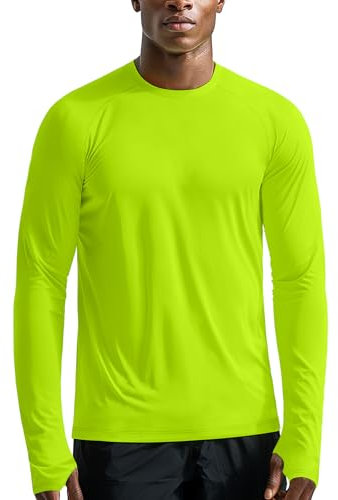 Mens Long Sleeve T Shirt Sports UV Protection(Neon Green,L)