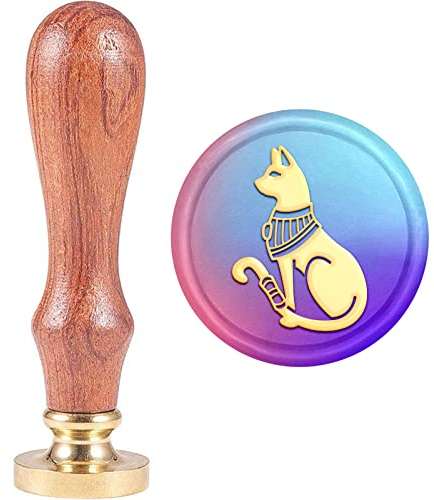 MAYJOYDIY Wachssiegel-Stempel mit ägyptische Katze 30 mm Durchmesser Wachsstempel für Buchstaben Siegel Messing Stempelkopf Holzgriff personalisierbar für Hochzeit Einladung Siegelstempel