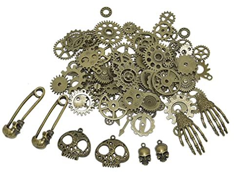 Guoguonb 92 Stücke Retro Zahnräder Schmuck Antik Steampunk Zahnräder Metall Anhänger Uhr Palme Schädel Charm Anhänger für Schmuck Basteln Armband Halskette(Bronze)