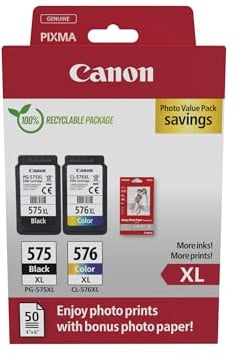 Canon Tintenpatronen & Papier-Multipack - PG-575XL/CL-576XL Original Druckerpatronen 2er Pack (1 x Schwarz, 1 x Farbe) & 4x6 Fotopapier (50 Blatt)