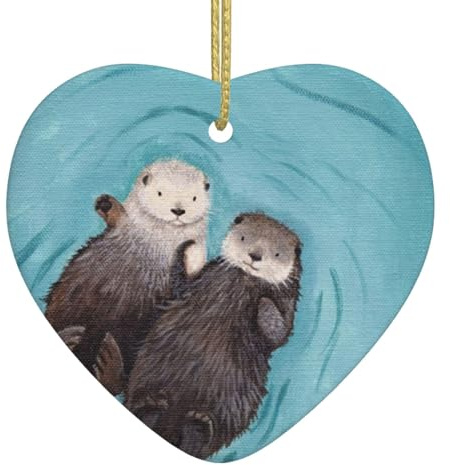 Weihnachtsbaumschmuck, Otter, Händchenhaltend, Keramik, zum Aufhängen, zweiseitig, bedruckt, Weihnachtsbaumschmuck für Weihnachten, Familie, Party, Urlaub, dekorativ