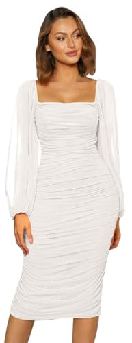 Odizli Abendkleider Elegant für Hochzeit Damen Mesh Langarm Sexy Enges Bodycon Etuikleid Midikleid Festliche Hochzeitsgäste Partykleid Silvester Party Abschlussballkleid Lang Ballkleider Weiß M