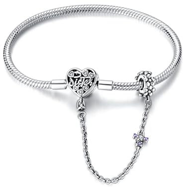 LNQOBU 925 Sterling Silver Snake Chain Bracelet,Butterfly Bracelets, Heart Shape Bracelet Clasp for Womes Jewellery Gift