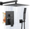 Thermostatic Shower Mixer Set - 10 Inch Black Shower System Bath Shower Mixer Tap, Square Rain Shower Head, Air Injection Technology, Stainless Steel and Brass Accessories with Handheld Spray Head