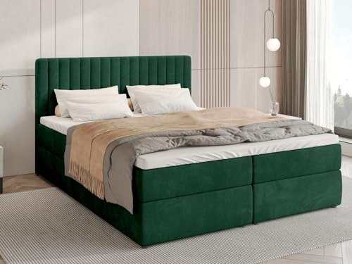 BROMARKT Boxspringbett mit Bettkasten Polsterbett mit Bonell-Matratze und Topper Doppelbett mit Stauraum Bett für Schlafzimmer gepolstertes Kopfteil Dream 180x200 Härtegrad H3 Samtstoff Grün