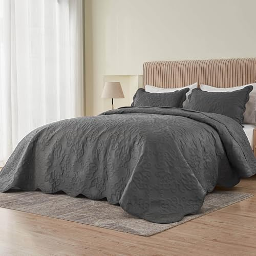 Übergroße King-Size-Tagesdecke, 128 x 120 cm, für extra hohes King/California-Kingbett, leicht, gesteppt, 3-teilig, 1 Steppdecke, 2 Kissenbezüge, Dunkelgrau