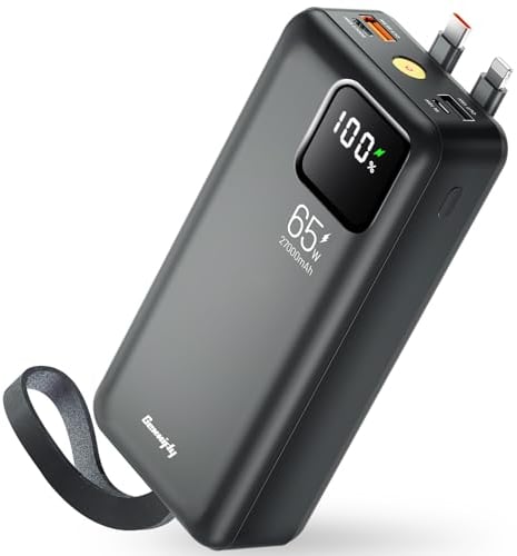Batterie Externe 65 W,Power Bank 27000 mAh avec Câbles USB-C et iOS intégrés, Charge Rapide à 4 Ports, Power Bank pour Portable avec Affichage numérique LED pour iPhone, Samsung, MacBook et Plus