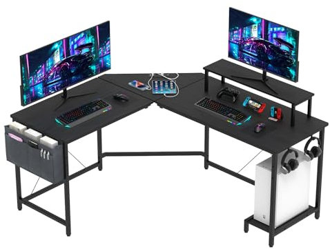 nwixbqoqn Bureau d'angle Gaming Informatique, Bureau Gamer 160x135cm en Forme L avec Support d'Écran, Table Plateau en Fibre de Carbone, Gaming Desk Table Ergonomique pour Chambre, Salon, Noir