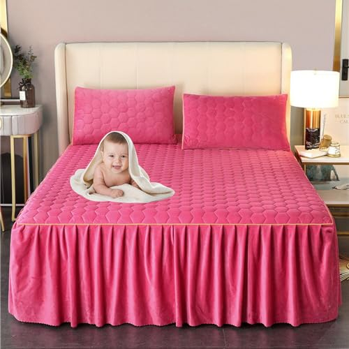XCLOOZGL Bettdecke Aus Verdicktem Milchflanell Gesteppte Bettschürze Convient Aux Lits Simples/Doubles Matratzenschoner Mit Bettumrandung Weiche Spannbetttuch Ausbleichen Beständig,Rosa,180x200cm
