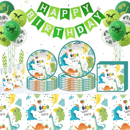 Dinosaur Theme Party Tableware Kit - 90 Pieces Dinosaur Birthday Party Supplies Dinosaur Table Cloth 9 Inch Paper Plates Napkins Dino Cup Straws for Kids Birthday Party Tableware Decorations Kit