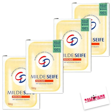 CD Milde Seife mit Avocado VEGAN & PFLANZLICH 100g | Plastikfrei, mit natürlichem Glycerin, neues handliches Format + Zama4Zingo Karte (Avocado, 4er Pack)