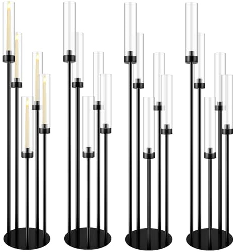 Tessco Kerzenständer mit 5 Armen, für Tische, 107 cm hoch, Kerzenständer aus Metall mit Acryl-Lampenschirm, für Hochzeit, Urlaub, Geburtstag, Weihnachten, Party-Dekoration (Schwarz, 4er-Set)