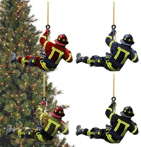 4 Stück Feuerwehrmann Weihnachtsschmuck, 10cm Weihnachtsbaum Feuerwehrmann Acryl Ornamente, Weihnachtsbaum Anhänger, weihnachtsbaumschmuck, für Wandfenster, Baum, Auto-Rückspiegel-Zubehör