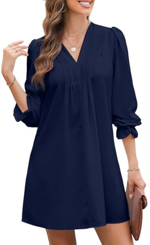 Dokotoo Kleid Damen Langarm Elegant Einfarbig A-Linien Rüschenärmel V-Ausschnitt Midikleid Partykleid Freizeitkleid Dating-Kleid Sommerkleider Rüschenkleid Blau XL