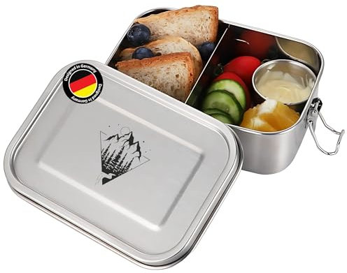 designfabrikmueller Premium Lunchbox aus Edelstahl mit Motiv gelasert – 1400ml inkl. Abtrennung, Auslaufsicher, Brotdose – Geschenkidee - perfekt für die Arbeit, Schule oder Uni (Adventure Motiv)