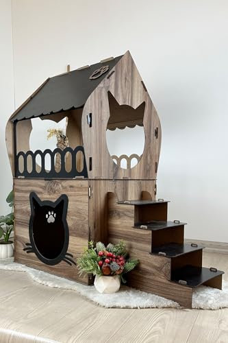 Indoor Wooden Cat House – Two-Story Walnut Pet Shelter with Ladder, Spacious Design for Two Cats, Easy Assembly, Durable for Cats up to 15 lbs