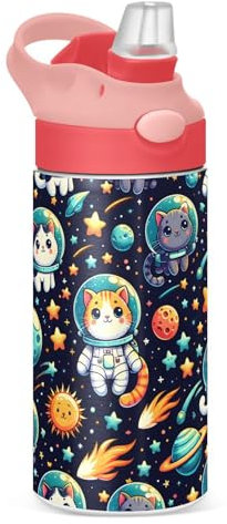 Kinder-Wasserflasche mit Strohhalm, 350 ml, niedliche Katzen, Weltraum-Stern, Edelstahl, isoliert, Kleinkindbecher, Metall, auslaufsicher, Trinkflasche für Mädchen, BPA-frei