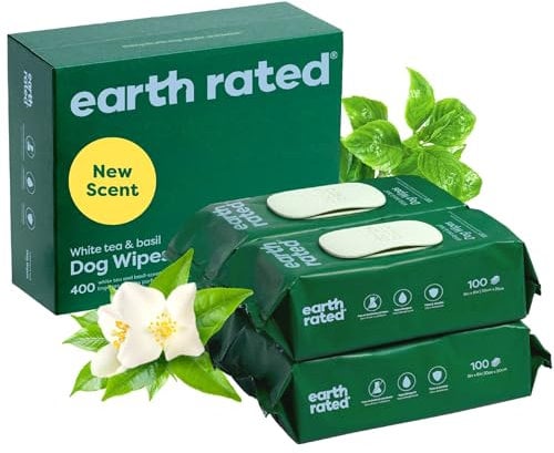 Earth Rated Pet Wipes for Dogs and Cats, Hypoallergenic, 3-in-1 Cleaning, Deodorizing and Hydrating, for Grooming Paws, Body and Bums, New White Tea and Basil Scent, 400 Count