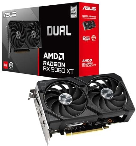 ASUS Dual AMD Radeon RX 9060 XT, Scheda Grafica 8G GDDR6, 128 Bit, PCIe 5.0, 1 HDMI 2.1, 2 DisplayPort 2.1, Design a 2,5, Ventole Axial-Tech, Tecnologia 0db, GPU Tweak III, DUAL-RX9060XT-8G