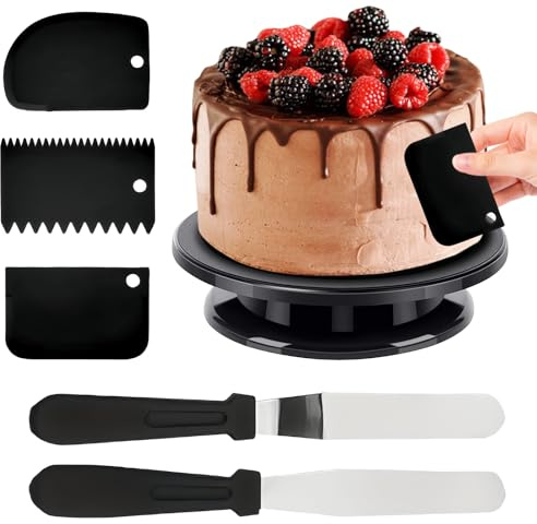LEKEFETO 27cm Tortenplatte Drehbar, Drehteller Torte mit 5 Schaber, Drehbare Tortenplatte, Tortendrehteller Drehteller, Kuchendrehteller , Torten Zubehör, zum Backen, Gebäck - Schwarz