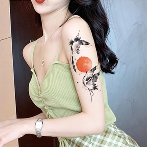 Tatouages ​​temporaires colorés de grue de style chinois, imperméables et durables, pour jambes, poitrine et bras, hommes et femmes. Faux tatouages(1pcs)