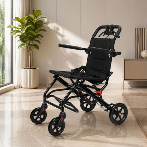 Ehozirta Rollstuhl Faltbar Leicht, Schwarz | Rollstuhl für Flugreisen, Ergonomisches Design, Verstellbarer Sicherheitsgurt, PU-Räder für Reibungsloses Fahren