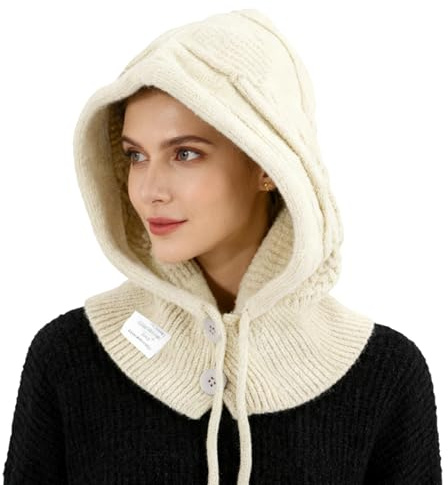 AYPOW Damen Winter Thermo Slouch Strickmütze und Schal, 2 in 1 Einstellbar Warm Winddichte Kapuzenschal Sturmhaube und Nackenwärmer,Weiches Elastisch Beanie Hut für Outdoor Sportarten Einkaufen